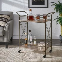 Best Sale 💯 Sionis Bronze Finish And Wood Double-Cross Bar Cart By INSPIRE Q Modern ✔️