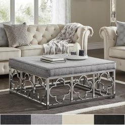New 🎉 Solene Chrome Quatrefoil Base Square Ottoman Coffee Table By INSPIRE Q Bold Grey Linen 🎉