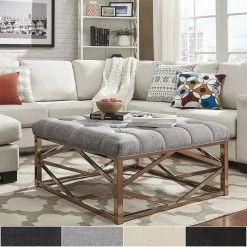 Outlet 🎉 Solene Geometric Base Square Ottoman Coffee Table - Champagne Gold By INSPIRE Q Bold Grey Linen ✨