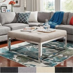 Coupon 👏 Solene Square Base Ottoman Coffee Table - Chrome By INSPIRE Q Bold Beige Linen- Button Tufts 🛒