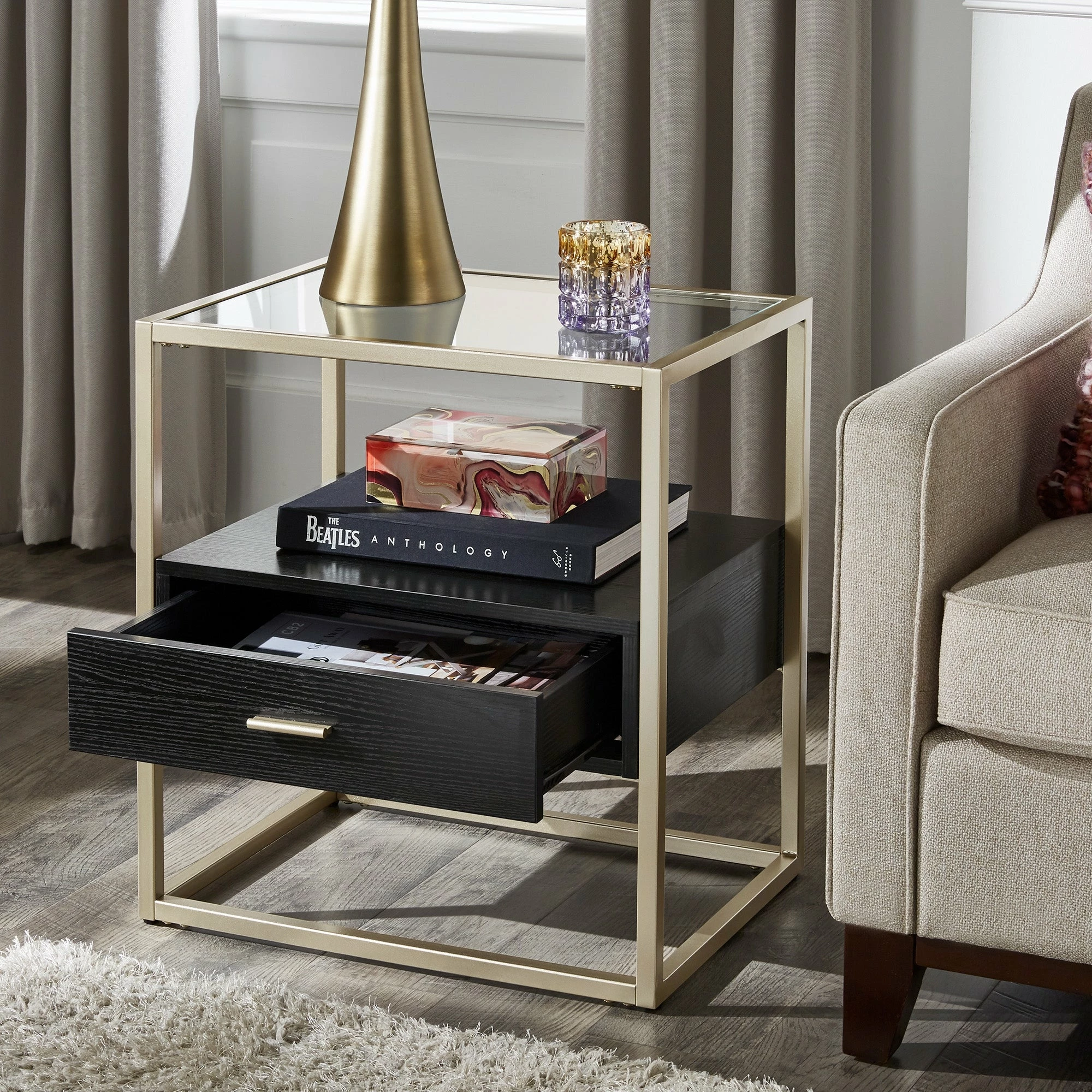 Brand new ๐ Spumante Champagne Silver Finish End Table With Storage By INSPIRE Q Bold ๐งจ 1 Brand new ๐ Spumante Champagne Silver Finish End Table With Storage By INSPIRE Q Bold ๐งจ